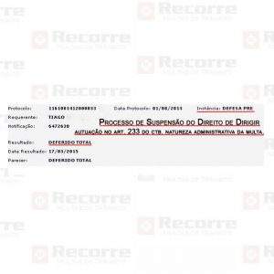 Suspensão deferido na defesa prévia em março de 2015 art 233 natureza administrativa