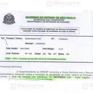Multa art 218 I excesso de velocidade deferido