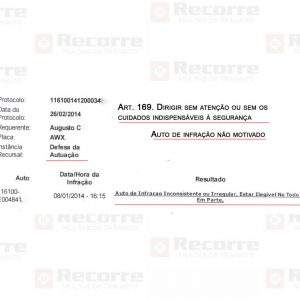 Multa art 169 dirigir sem atenção auto não motivado e ilegível