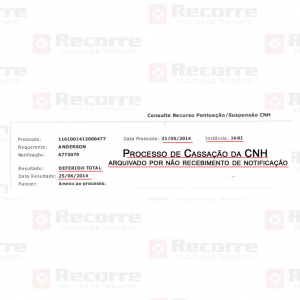 Cassação deferido pela jari em junho de 2014 notificação
